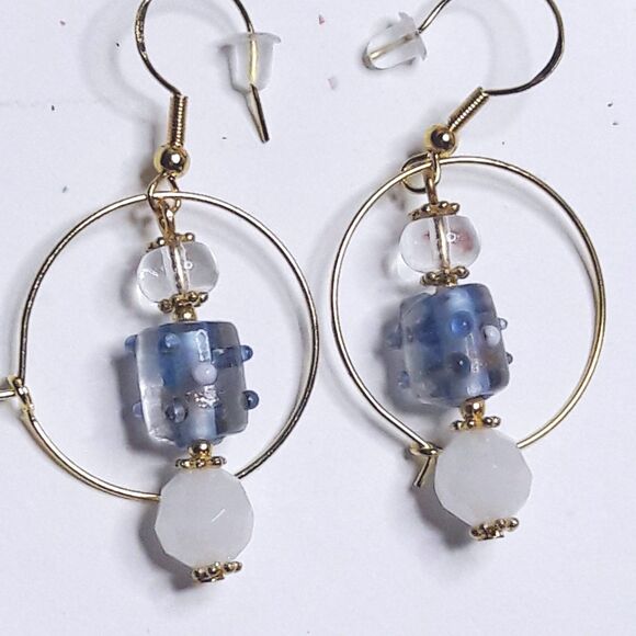 boho earrings 527#mfs Blue swirl glass earrings glass milky white dangle earring - Picture 3 of 5